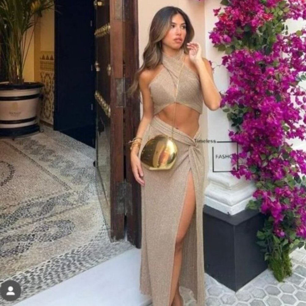 RARE ZARA 2 PIECE GOLDEN METALLIC THREAD WRAP KNIT TOP AND KNIT SKIRT